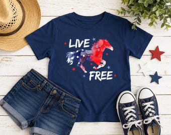 Live Free Kids Horse Shirt | Patriotic Youth Horse Tee | 4th of July Kids Gift | Western Equestrian Kid | Independence Day Horse | Navy