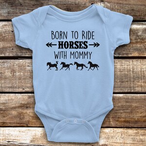 Born to Ride Horses with Mommy Baby Onesie for Equestrian Infant, Blue Short Sleeve