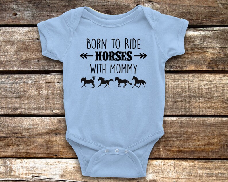 Born to Ride Horses with Mommy Baby Onesie for Equestrian Infant, Blue Short Sleeve