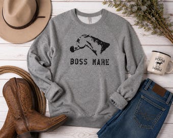 Boss Mare Horse Sweatshirt, Funny Equestrian Sweatshirt for Women, Western Horse Lover Gift, Trainer Riding Pullover Tee, Long Sleeve Crew