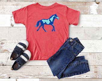 Abstract Horse T-Shirt for Toddler and Kids Boy Equestrian Horseback Riding Western Pinto Paint Mustang Wild Red Blue New Rider Cowboy Rodeo