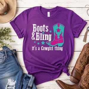 Boots and Bling Cowgirl Shirt for Girls, Western Horse Tee, Youth Rodeo Shirt, Toddler Cowgirl Outfit, Equestrian Tee | Black and Purple image 1