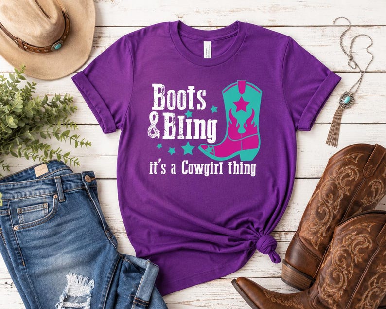 Boots and Bling Cowgirl Shirt for Girls, Western Horse Tee, Youth Rodeo Shirt, Toddler Cowgirl Outfit, Equestrian Tee | Black and Purple image 1