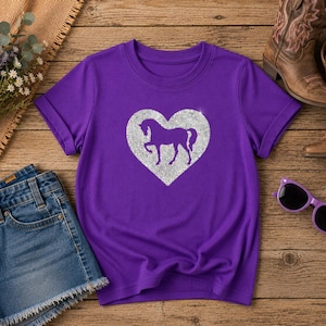 Glitter Heart Horse Shirt for Girls, Sparkle Heart Pony Short Sleeve Tee For Kids, Equestrian Clothing, Riding Shirt, Horse Clothes