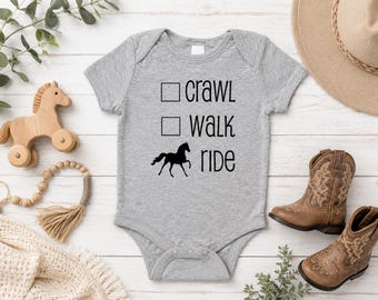 Crawl Walk Ride Baby Bodysuit | Funny Horse Baby Gift | Equestrian Baby Shower Gift | Horse Lover Baby | Grey Yellow Pink Blue Purple