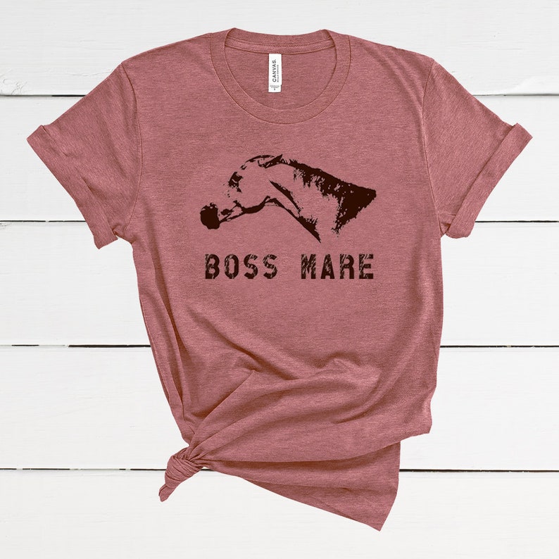The Boss Mare T-Shirt Unisex Short Sleeve Horse Tee, Equestrian Gift for Women Teen Apparel in Gray Purple Pink Blue Mauve