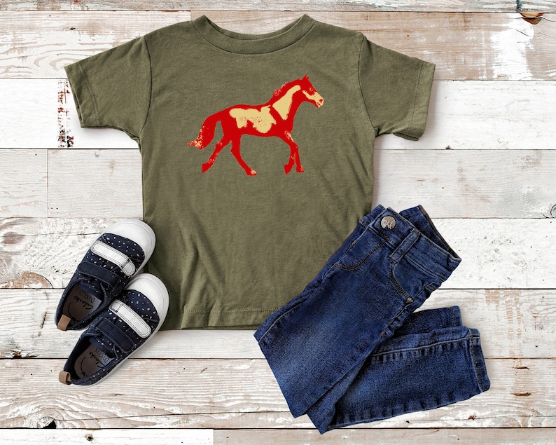 Abstract Horse T-Shirt for Toddler and Kids Boy Equestrian Horseback Riding Western Pinto Paint Mustang Wild Red Blue New Rider Cowboy Rodeo