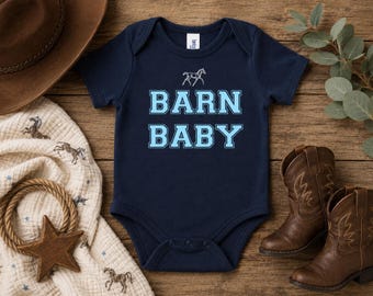Barn Baby Boy Bodysuit, Horse Baby Bodysuit, Navy Blue Equestrian Baby Clothes, Western Cowboy Infant Outfit, Horse Lover Gift