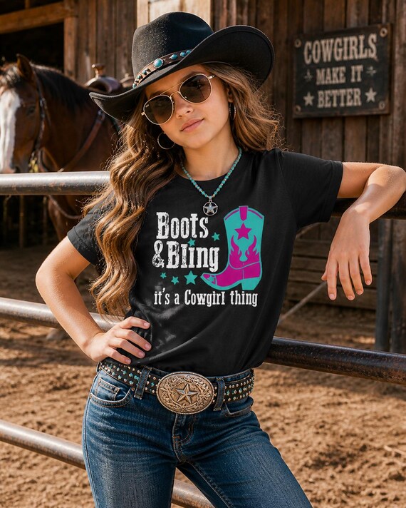 Boots and Bling Cowgirl Shirt for Girls, Western Horse Tee, Youth Rodeo Shirt, Toddler Cowgirl Outfit, Equestrian Tee | Black and Purple