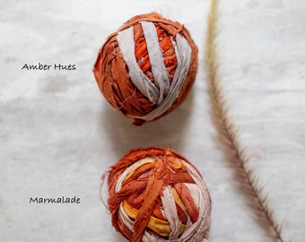 Orange Recycled Sarisilk Ribbon Balls, Raw Edge Ribbon, Recycled Silk Sari Ribbon, Artisan Ribbon, Weaving, Art Yarn, Gift Wrapping, Bouquet