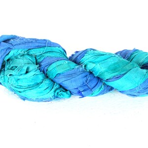 Recycled Sari silk ribbon - Blue Shades 199, Recycled Sari Silk Ribbon Thin & Wide Ribbon BOHO Jewellery Making recycled Sarisilk Ribbon