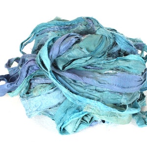 Recycled Sari silk ribbon - Blue Hues 166  Recycled Sari Silk Ribbon  Thin & Wide Ribbon BOHO Jewelry Making recycled Sarisilk Ribbon