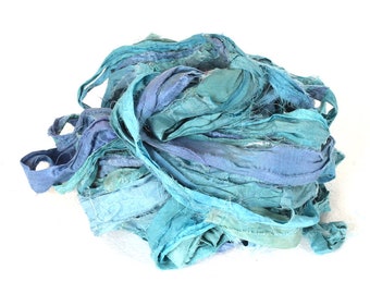 Recycled Sari silk ribbon - Blue Hues 166  Recycled Sari Silk Ribbon  Thin & Wide Ribbon BOHO Jewelry Making recycled Sarisilk Ribbon