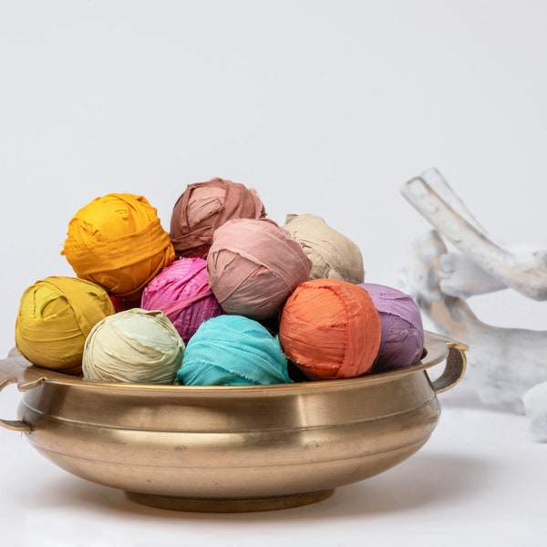 Recycled Silk Chiffon Ribbon Balls, Raw Edge Ribbon, Recycled Silk Chiffon, Artisan Ribbon, Weaving, Art Yarn, Gift Wrapping, Bouquet