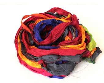 Recycled Sari silk ribbon - Multi 272 Recycled Sari Silk Ribbon  Thin & Wide Ribbon BOHO Jewelry Making recycled Sarisilk Ribbon