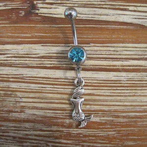 Belly Button Ring - Body Jewelry - Mermaid Belly Ring - Mermaid with Lt Blue Gem Stone Belly Button Ring