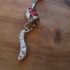 Anillo del ombligo - joyería del cuerpo - colgante de diamantes falsos de plata con anillo del ombligo de piedra gema rosa oscuro