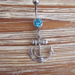 Anillo del ombligo - Joyería del cuerpo - Ancla con cuerda y anillo del ombligo de piedra gema azul claro