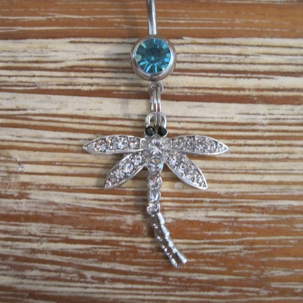 Belly Button Ring - Body Jewelry - Silver Rhinestone Dragonfly with Light Blue Gem Stone Belly Button Ring