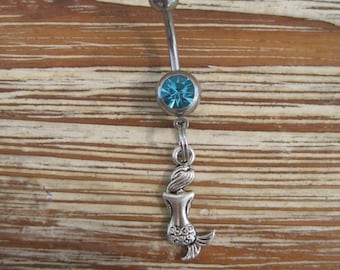 Belly Button Ring - Body Jewelry - Mermaid Belly Ring - Mermaid with Lt Blue Gem Stone Belly Button Ring
