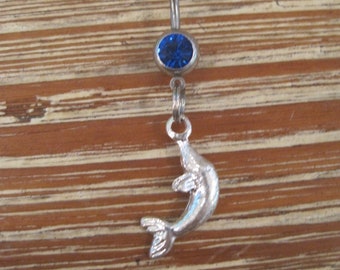 Belly Button Ring - Body Jewelry - Dolphin w/ Dark Blue Gem Belly Button Ring