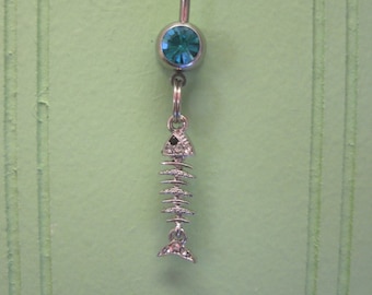 Belly Button Ring - Body Jewelry -Silver Rhinestone Bone Fish with Lt. Blue Gem Stone Belly Button Ring