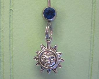Belly Button Ring - Body Jewelry - Sun with Dark Blue Gem Stone Belly Button Ring