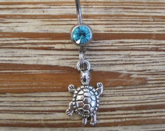Belly Button Ring - Body Jewelry -Silver Turtle with Lt. Blue Gem Stone Belly Button Ring