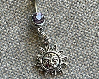 Belly Button Ring - Body Jewelry - Sun with Double Light Purple Gem Stone Belly Button Ring
