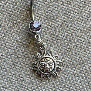 Belly Button Ring - Body Jewelry - Sun with Double Light Purple Gem Stone Belly Button Ring