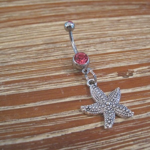 Belly Button Ring - Body Jewelry - Silver Starfish with Double Light Pink Gem Stone Belly Button Ring - Starfish Belly Ring