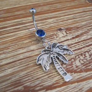 Belly Button Ring - Body Jewelry - Silver Palm Tree with Double Dark Blue Gem Stone Belly Button Ring