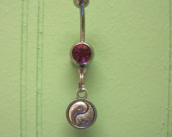 Belly Button Ring - Body Jewelry - Yin Yang with Dark Pink Gem Stone Belly Button Ring