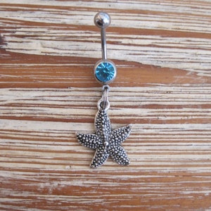 Belly Button Ring - Body Jewelry - Silver Starfish with Lt. Blue Gem Stone Belly Button Ring