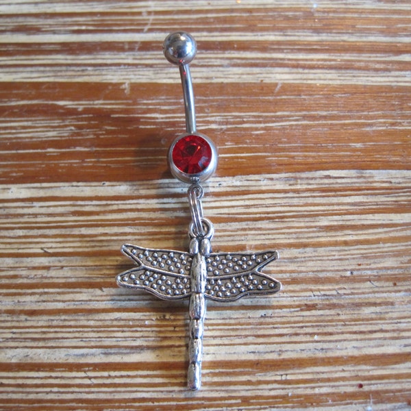 Belly Button Ring - Body Jewelry - Silver Dragonfly with Red Gem Stone Belly Button Ring
