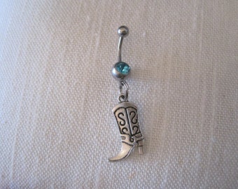 Belly Button Ring - Body Jewelry - Silver Cowgirl Boot with Light Blue Gem Stone Belly Button Ring - Belly Ring - Western Jewelry - Cowboy
