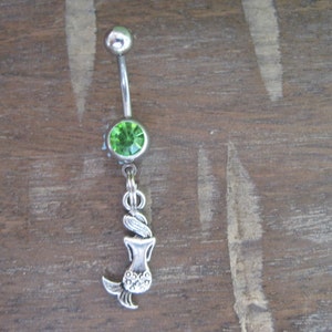 Belly Button Ring - Body Jewelry - Mermaid  with Green Gem Stone Belly Button Ring