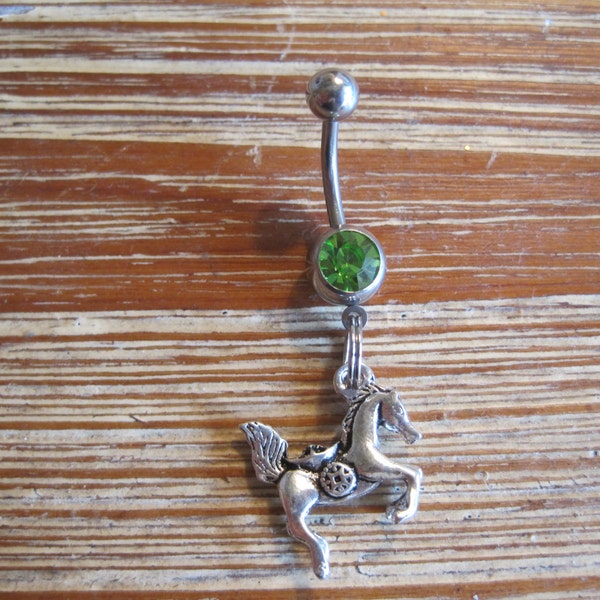 Belly Button Ring - Body Jewelry - Silver Horse with Green Gem Belly Button Ring