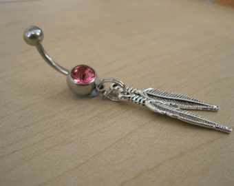 Belly Button Ring - Body Jewelry - Feathers with  Pink Gem Stone Belly Button Ring