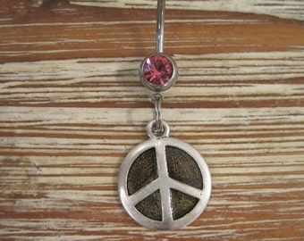 Anillo del ombligo - Joyería del cuerpo - Signo de la paz plateado y negro con anillo del ombligo de piedra gema rosa