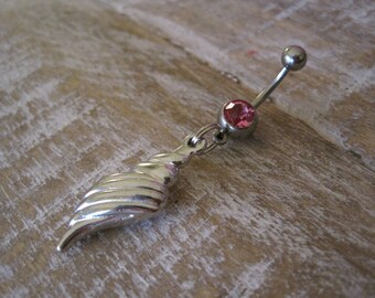 Belly Button Ring - Body Jewelry -Silver Shell With Dark Pink Gem Stone Belly Button Ring