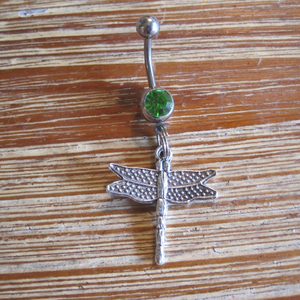 Belly Button Ring - Body Jewelry - Silver Dragonfly with Green Gem Stone Belly Button Ring