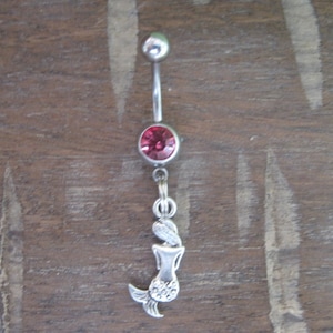 Belly Button Ring - Body Jewelry - Mermaid  with Dark Pink Gem Stone Belly Button Ring