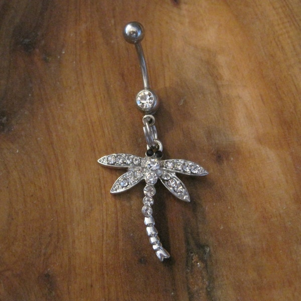 Belly Button Ring - Body Jewelry - Silver Rhinestone Dragonfly with Clear Gem Stone Belly Button Ring