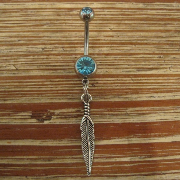 Belly Button Ring - Body Jewelry - Feather with Double Light Blue Gem Stones Belly Button Ring