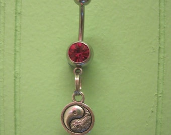 Belly Button Ring - Body Jewelry - Yin Yang with Light Pink Gem Stone Belly Button Ring