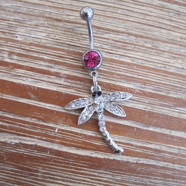 Belly Button Ring - Body Jewelry - Silver Rhinestone Dragonfly with Dark Pink Gem Stone Belly Button Ring