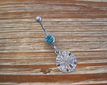 Anillo del ombligo - Joyería del cuerpo - Dólar de arena de plata con anillo del ombligo de piedra gema azul claro