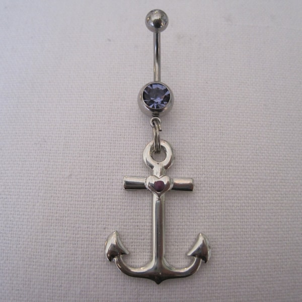 Belly Button Ring - Body Jewelry - Silver Anchor Belly Ring - Silver Anchor with Purple Gem Stone Belly Button Ring