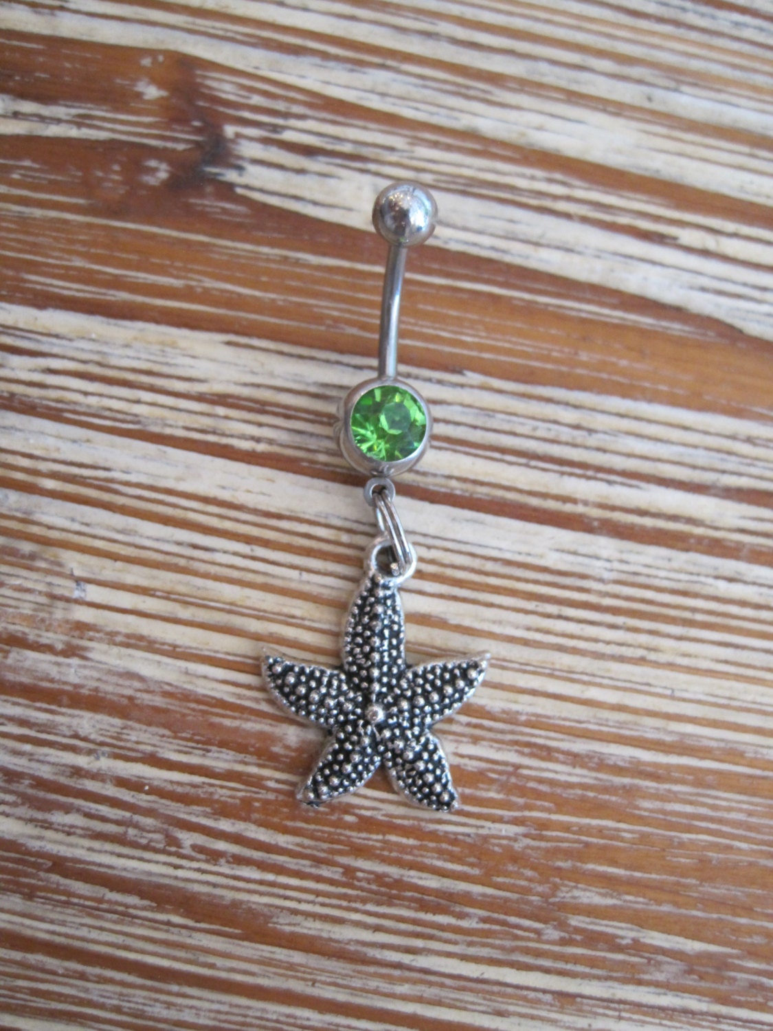 Belly Button Ring Body Jewelry Studded Silver Starfish With Green Gem
